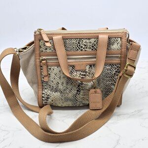 Fossil Crossbody Bag Womens M Beige Canvas Animal Snake Print Faux Leather Trim